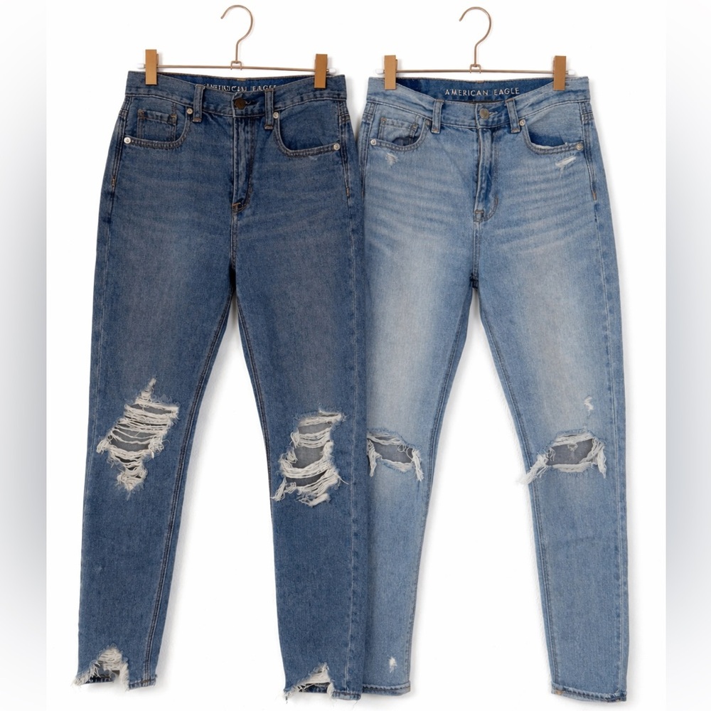 American Eagle Mom Jeans Size 0 Distressed Light & Medium Wash Bundle 2 Denim
